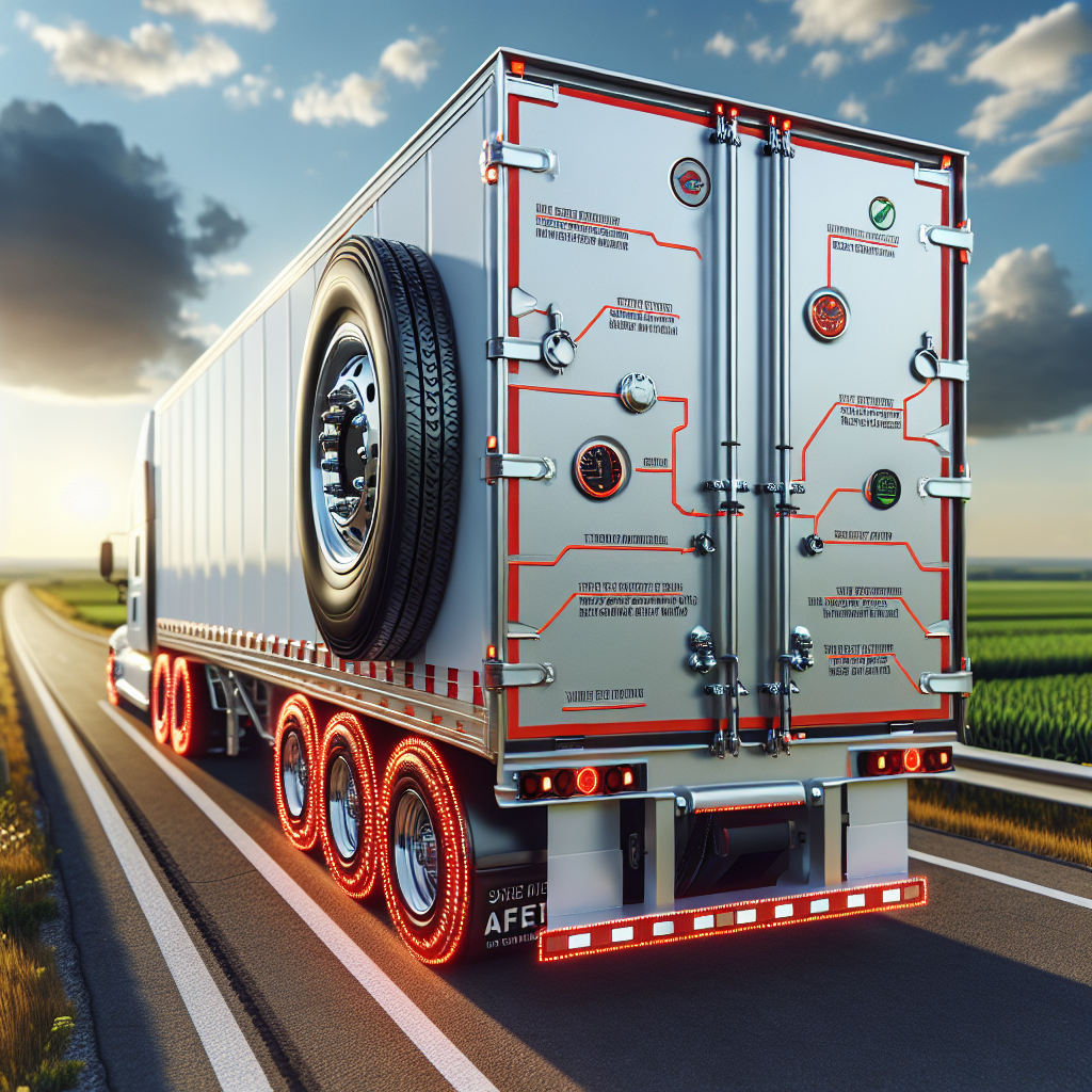A trailer on a highway, showcasing safety devices like braking systems, safety chains, and tire pressure monitoring.