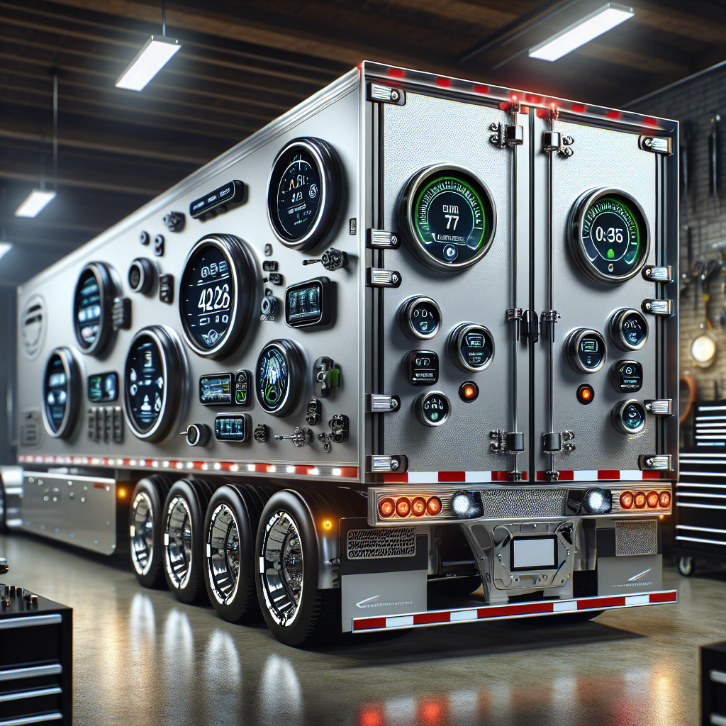 A trailer featuring safety devices like tire and axle monitoring systems in a garage setting.