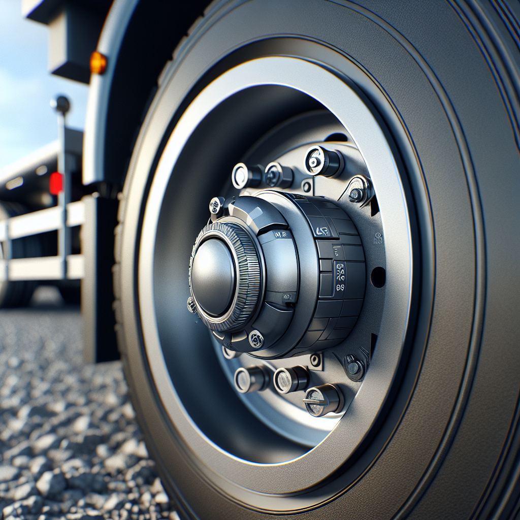 A tire pressure sensor on a trailer wheel.