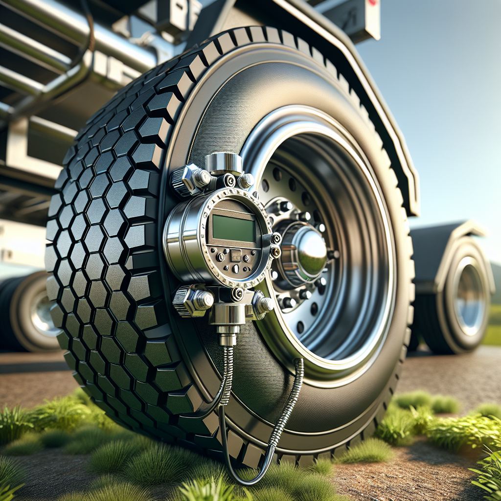 A tire pressure sensor mounted on a trailer wheel in an outdoor setting.