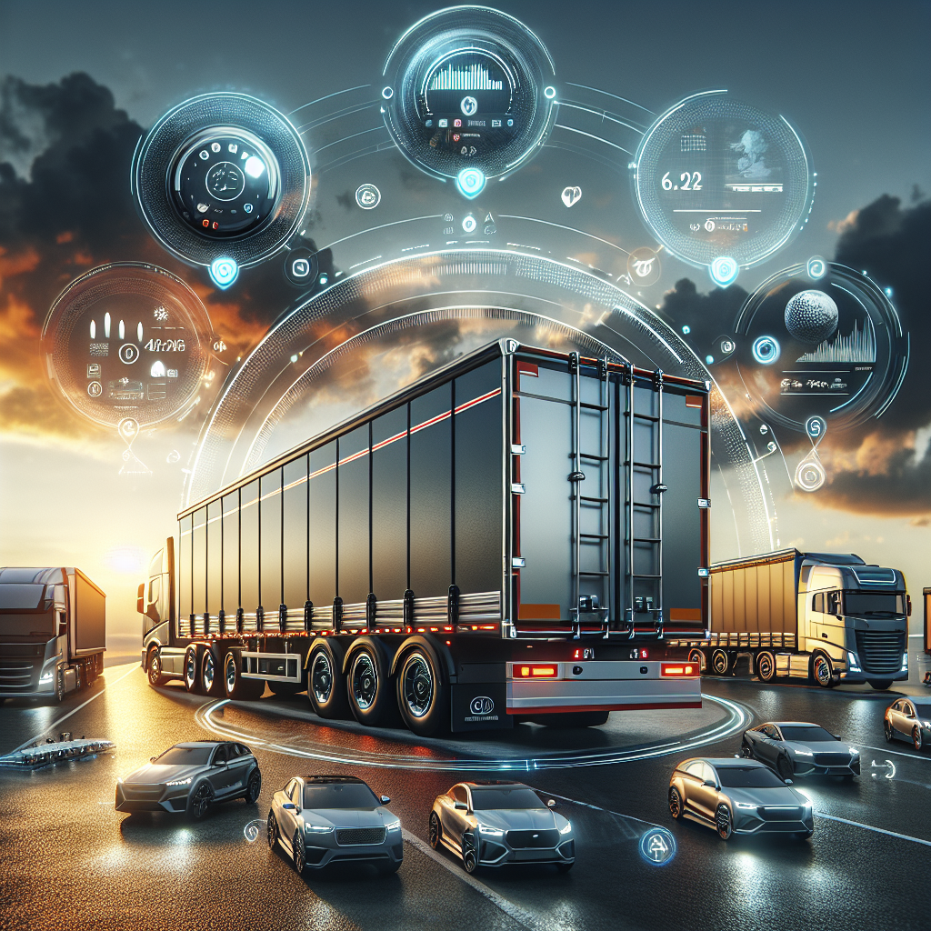 A fleet of trucks and a trailer monitoring system showcasing advanced logistics technology.