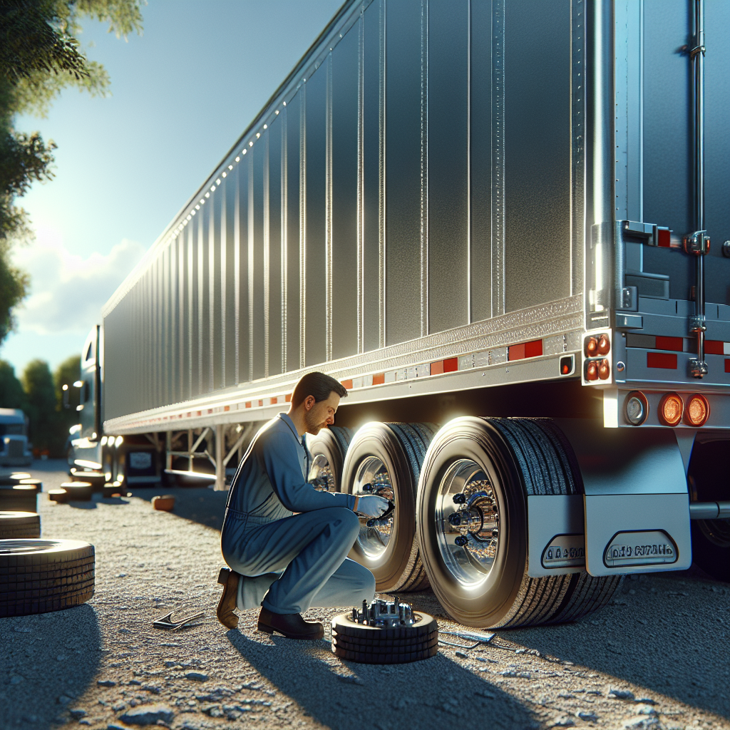 A mechanic inspecting a large trailer in a bright outdoor environment.