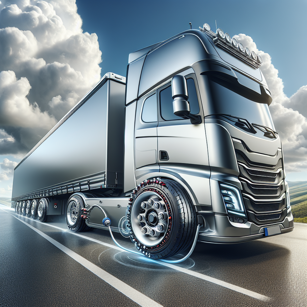 A modern vehicle trailer with tire pressure sensors on a scenic highway.