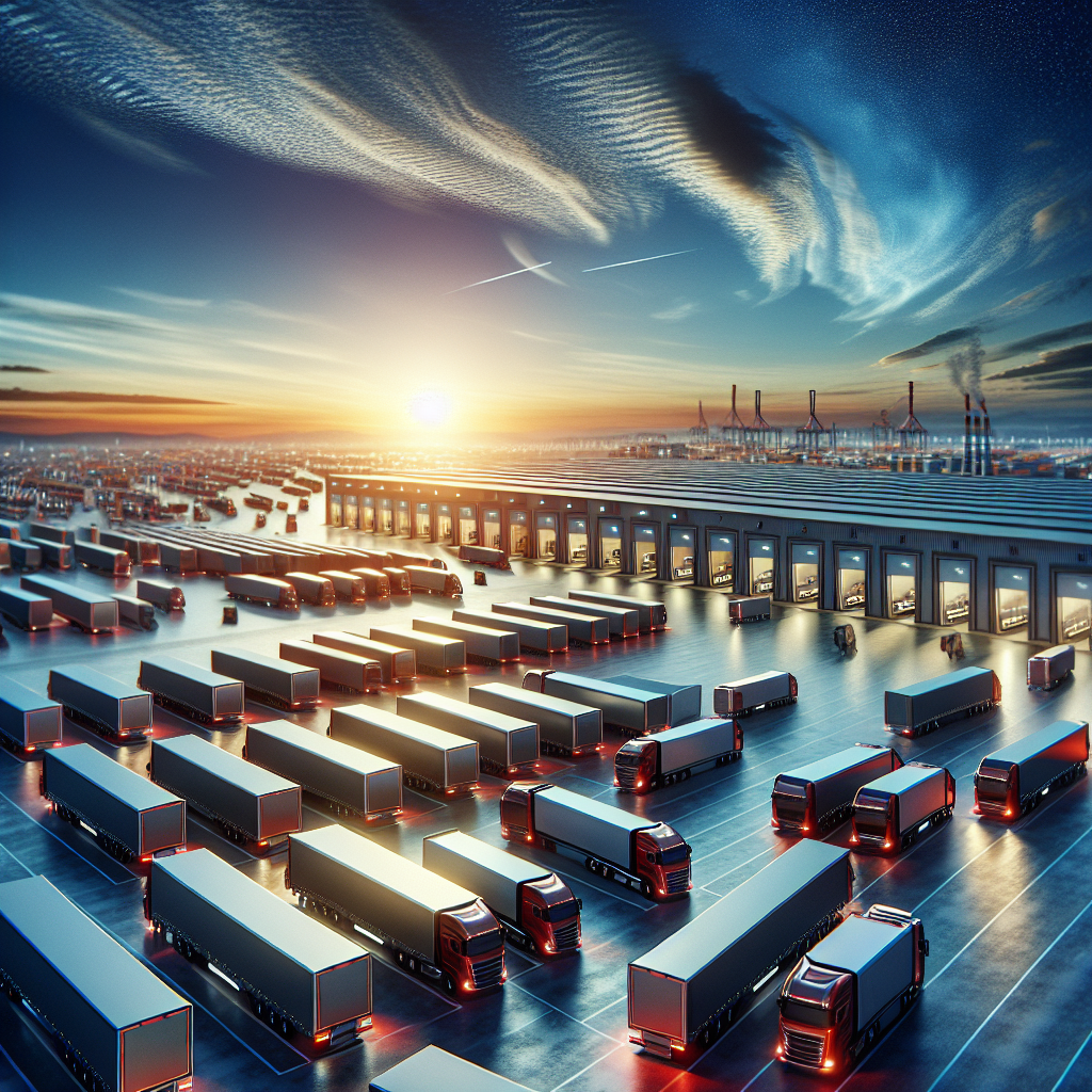 A fleet of colorful trailers parked in a logistics depot with advanced monitoring equipment.