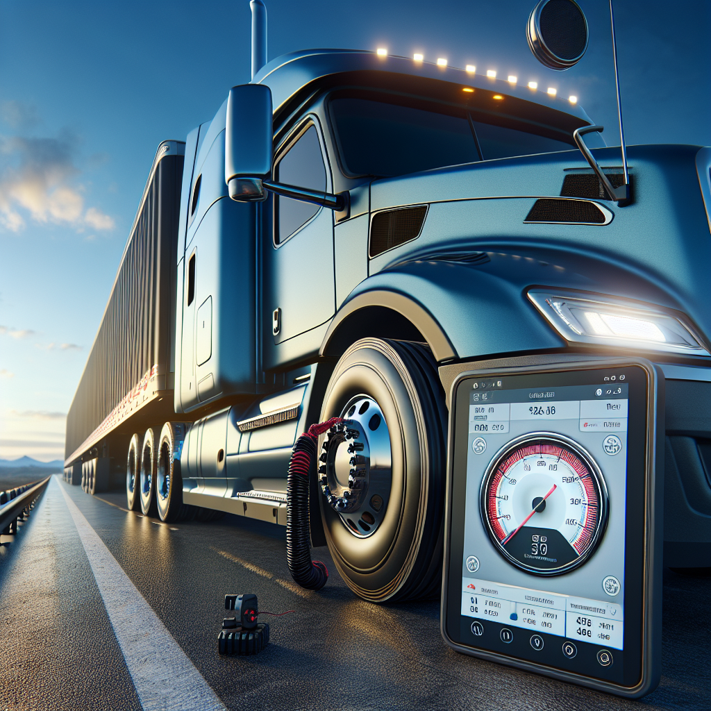 A semi truck showing its tires and tire monitoring system on a highway.