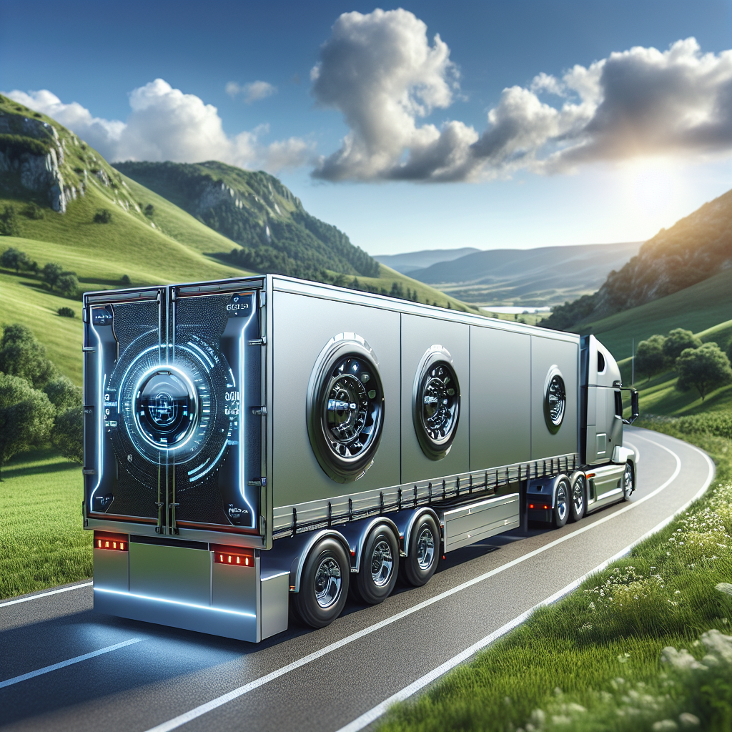 A modern trailer on a scenic road with visible tire pressure sensors.