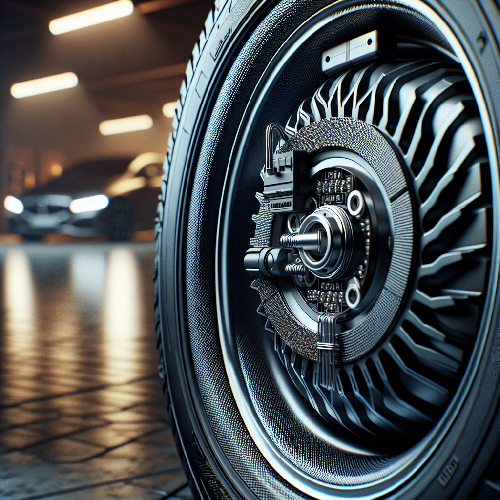 A close-up of a tire with a Tire Pressure Monitoring System sensor inside, set in a garage.