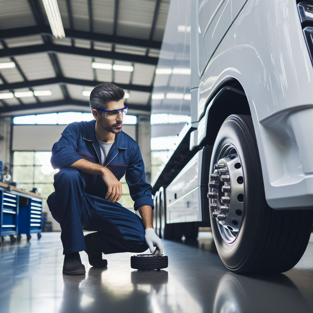 A mechanic inspecting a trailer in a garage.