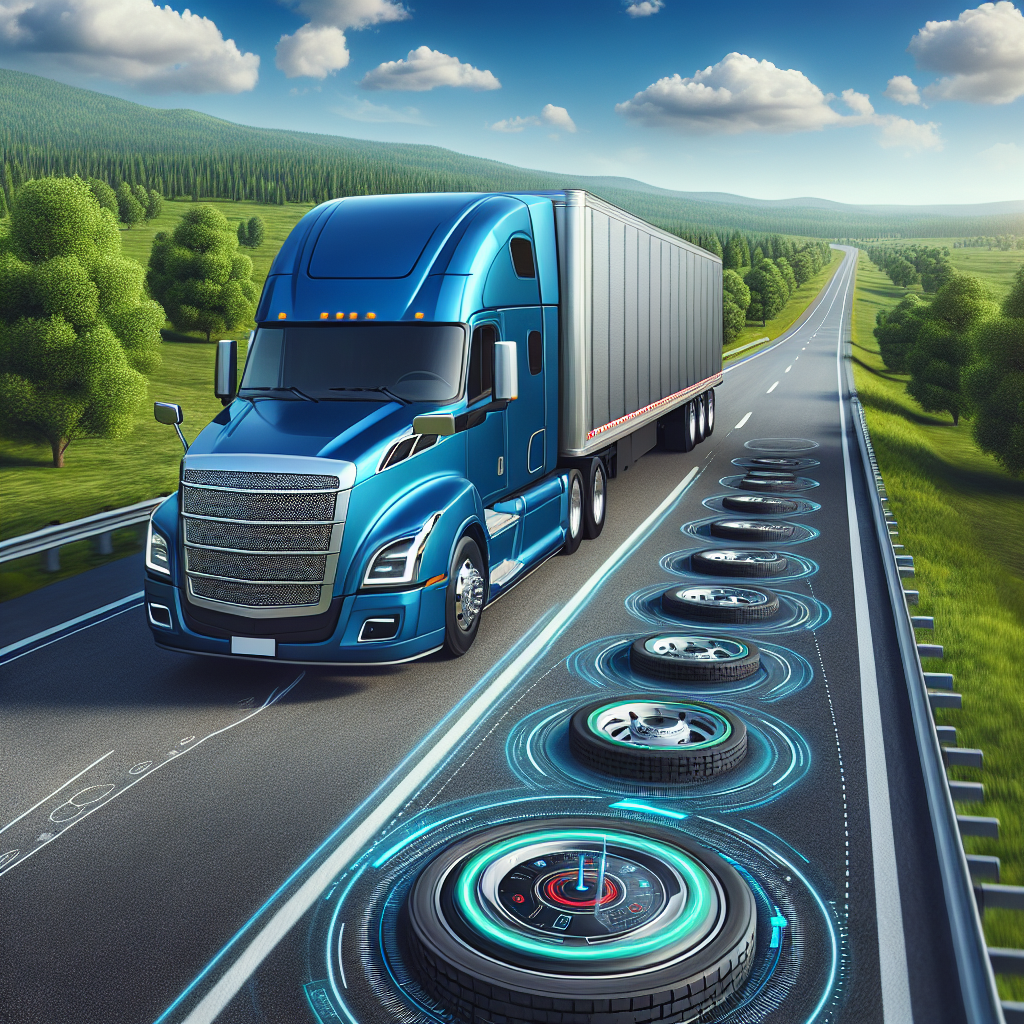 A semi truck on a highway with a visible tire monitoring system.