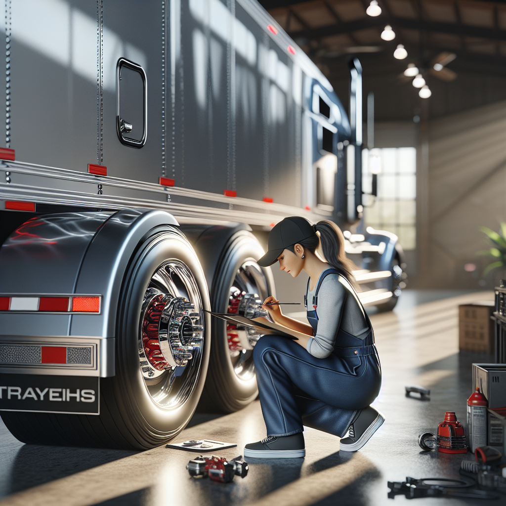 A mechanic inspecting a trailer in a garage.