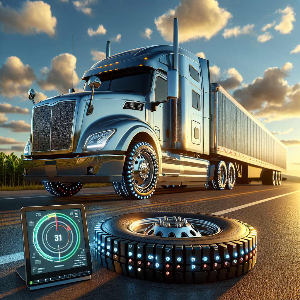 A semi-truck with advanced tire monitoring displayed in a scenic highway setting.