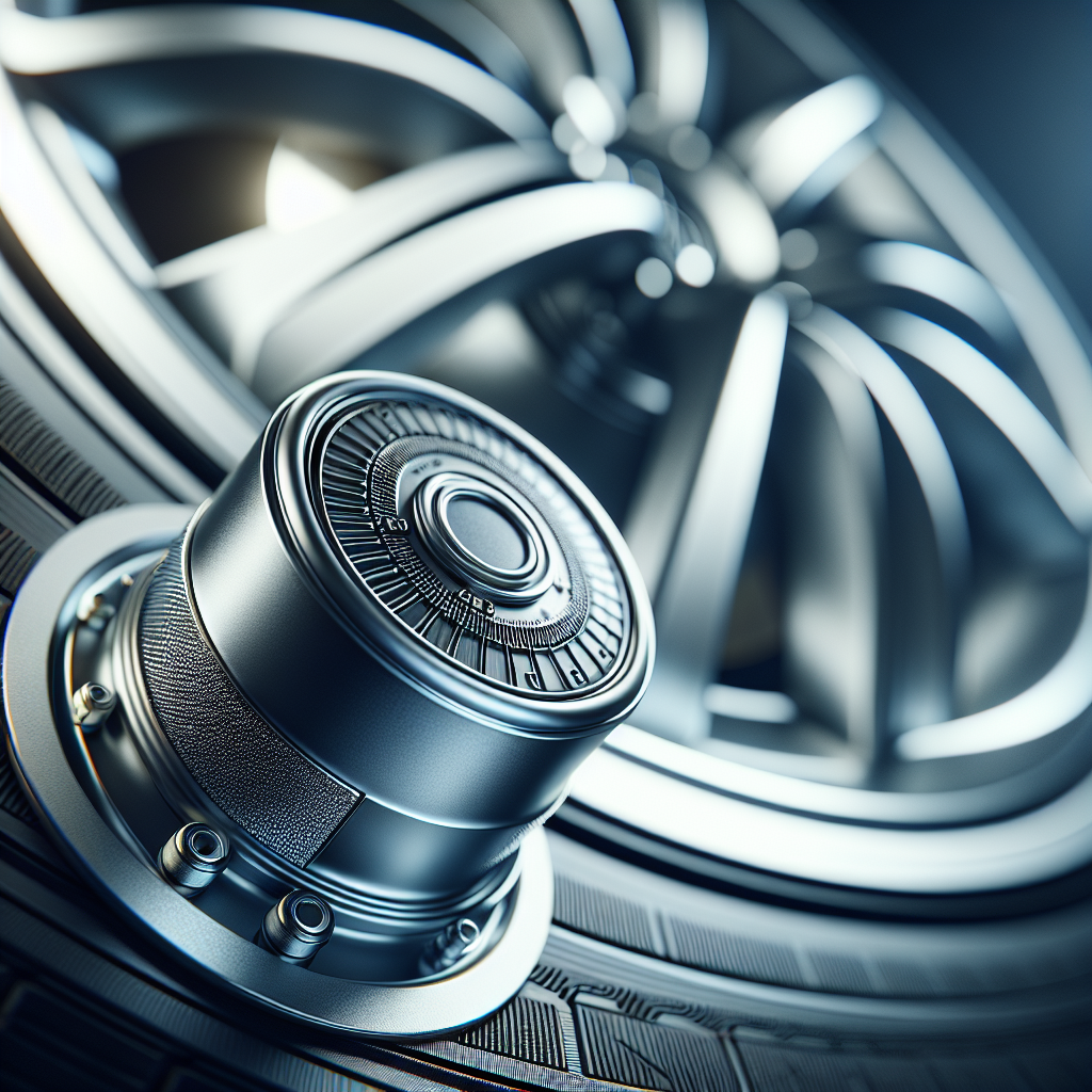 Close-up of a tire pressure monitoring system sensor with a blurred car wheel in the background.