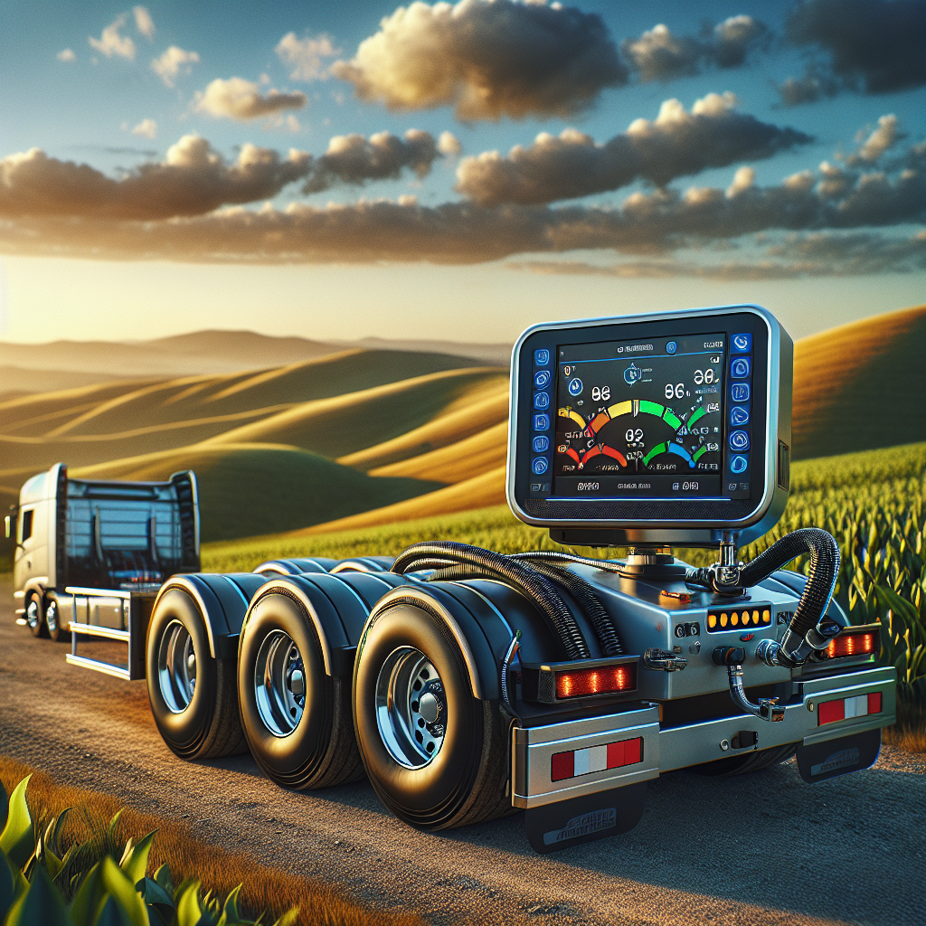 A trailer with a tire pressure monitoring system in a scenic landscape.