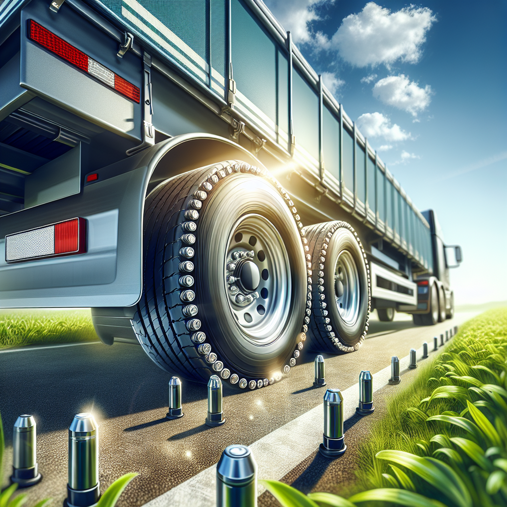 A trailer showcasing Tire Pressure Monitoring System sensors on its tires, parked on a sunny road.