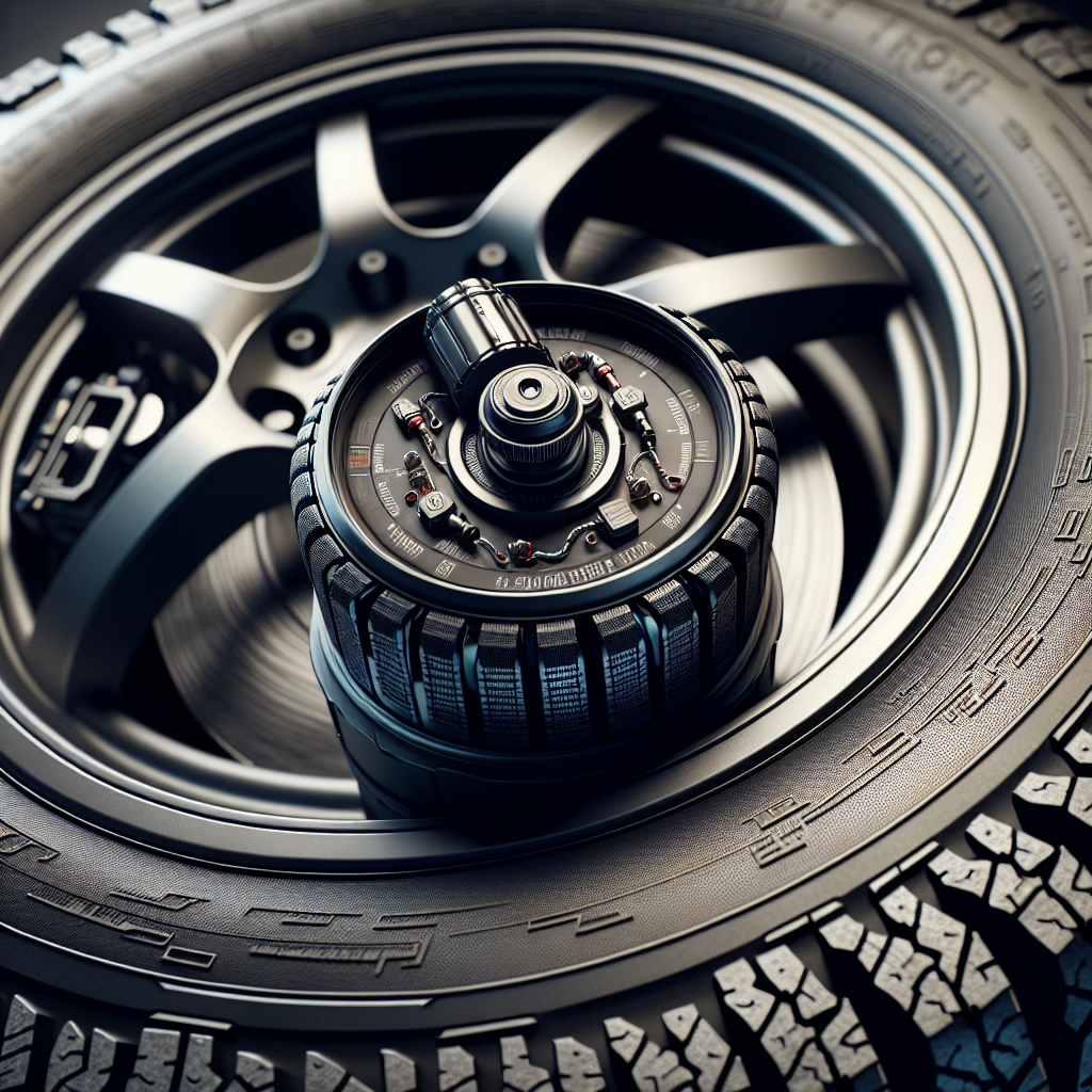Close-up of a tire pressure monitoring system sensor within a rugged tire.
