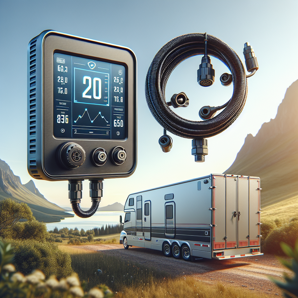 A modern tire pressure monitoring system for trailers with a digital screen displaying tire data against a scenic backdrop.