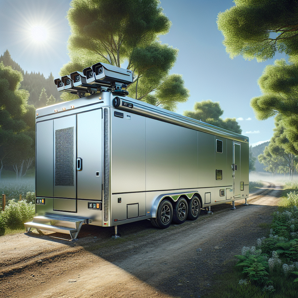 A mobile trailer with a security camera system in a serene natural setting.