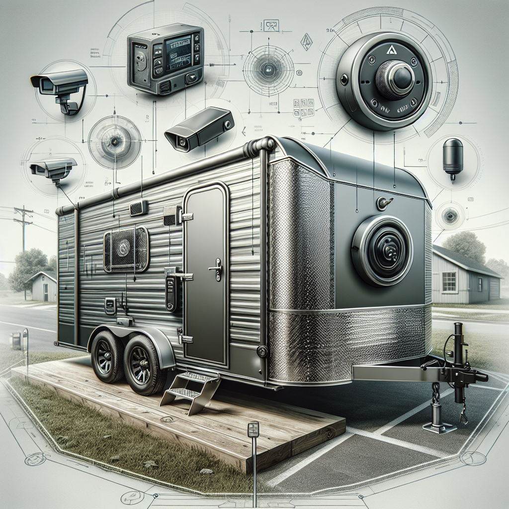 A secure trailer with advanced security features like GPS tracking, alarm system, and wheel lock in a suburban setting.