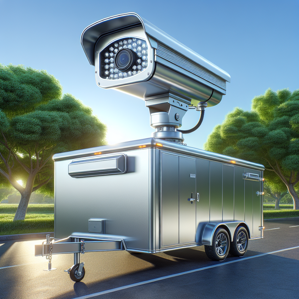 A mobile trailer equipped with a high-tech security camera system in a scenic outdoor setting.