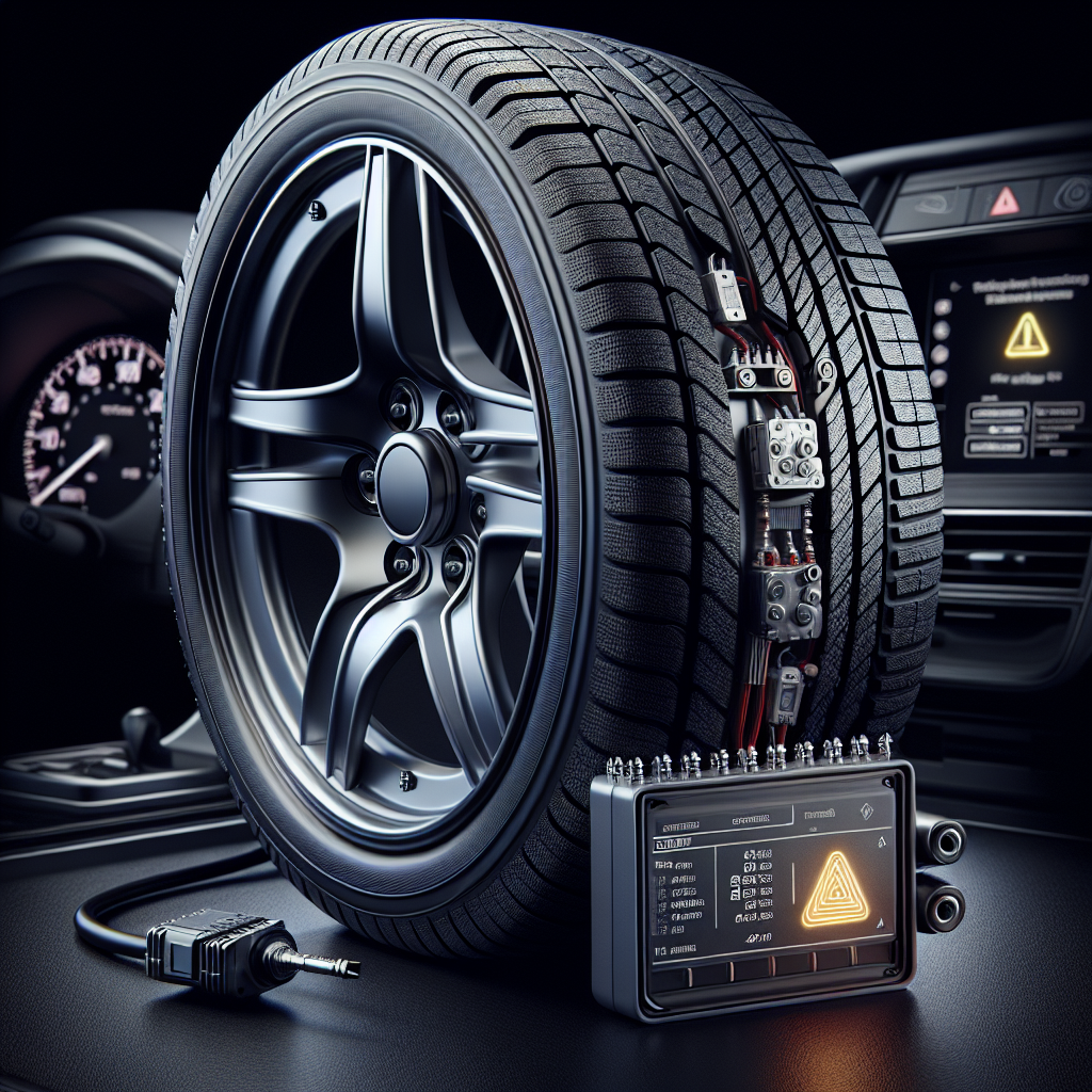 Close-up view of a tire pressure monitoring system with sensors, control module, and dashboard display, emphasizing vehicle safety.