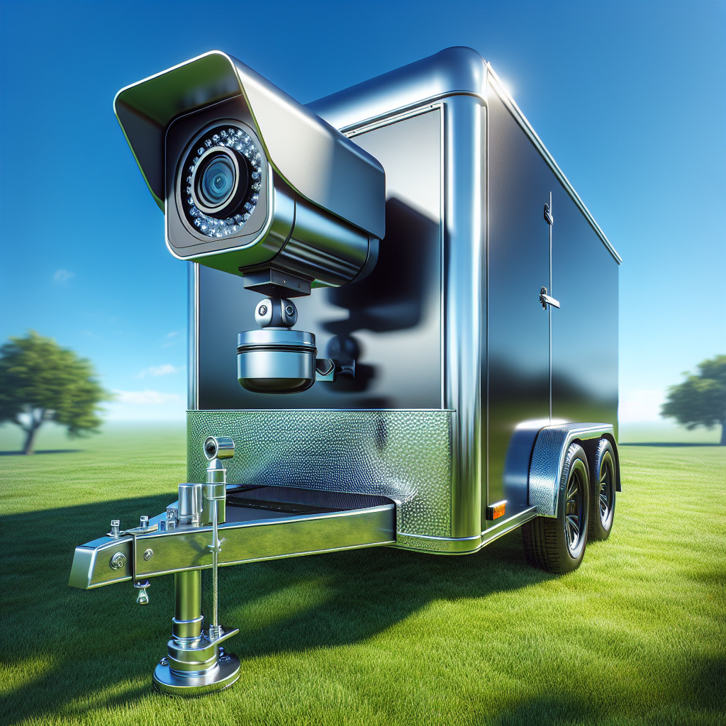 A modern mobile trailer security camera system on a silver trailer in a sunny outdoor setting.
