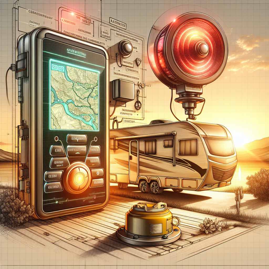 A high-tech trailer security system with a GPS tracker, alarm system, and wheel lock.
