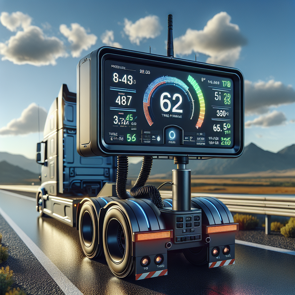 A modern Tymate Tire Pressure Monitoring System on a trailer, set on an open highway with a clear sky.