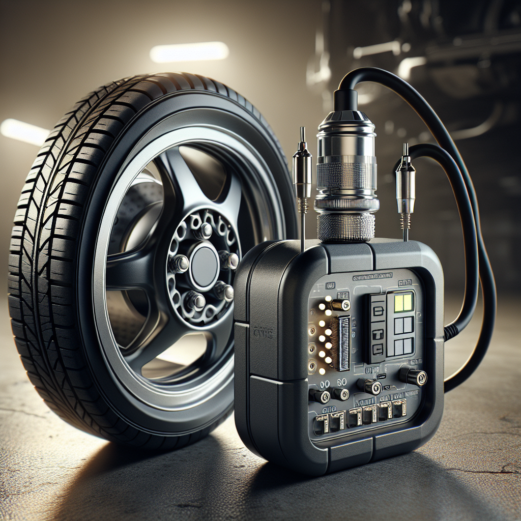 A close-up view of tire pressure monitoring system components including a tire, pressure sensor, and control module.