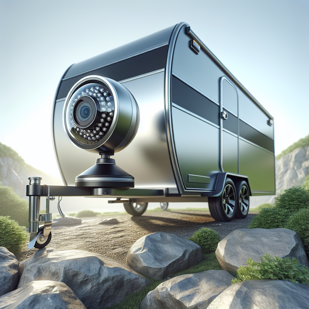 A mobile trailer security camera system with a sleek trailer and a high-tech camera in an outdoor setting.