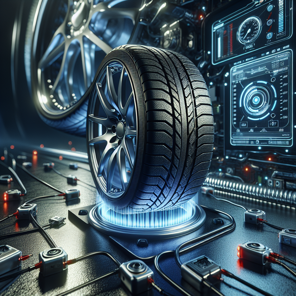 An illustration of a tire pressure monitoring system featuring a close-up of a car tire and sensors.