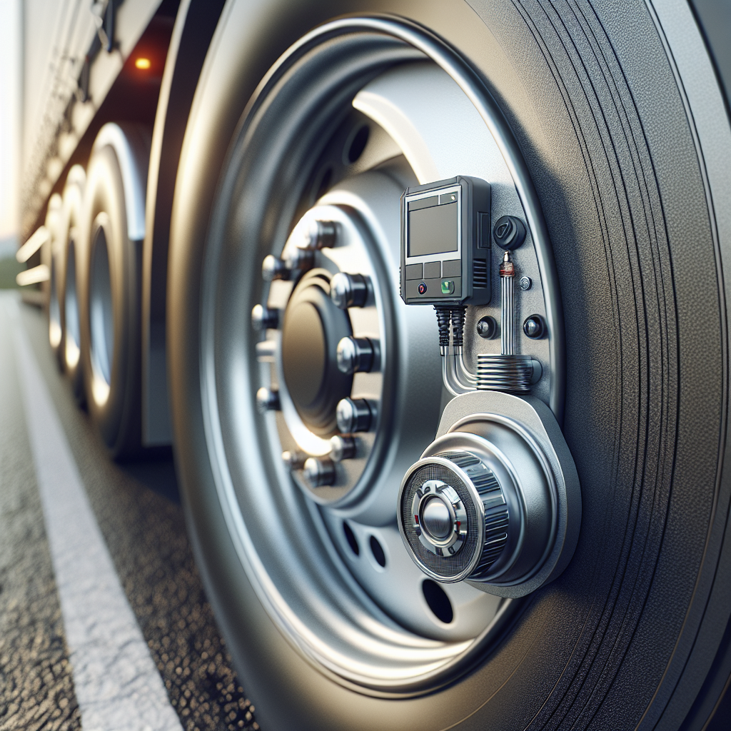 A tire pressure sensor on a trailer's wheel with a detailed tire in the background.