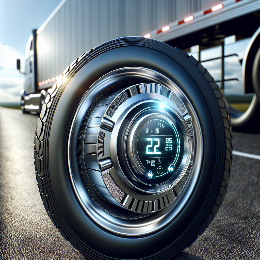A close-up view of a tire sensor embedded in a truck tire, with a road and trailer in the blurred background.