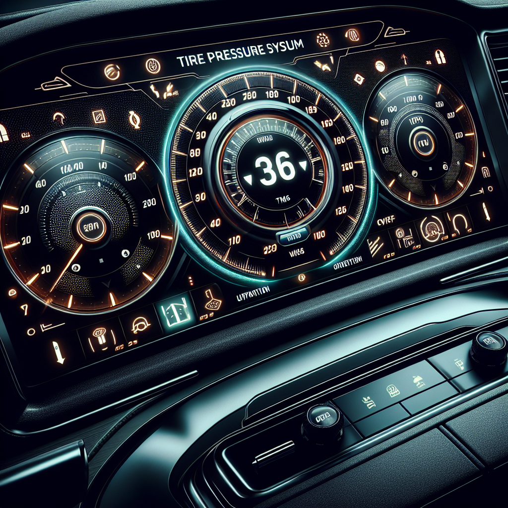 Realistic image of a car dashboard with a Tire Pressure Monitoring System display.