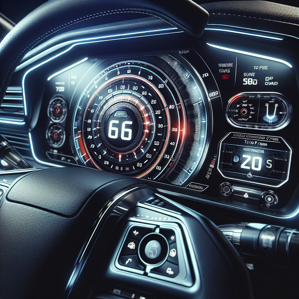 A car dashboard displaying a Tire Pressure Monitoring System interface with glowing indicators.