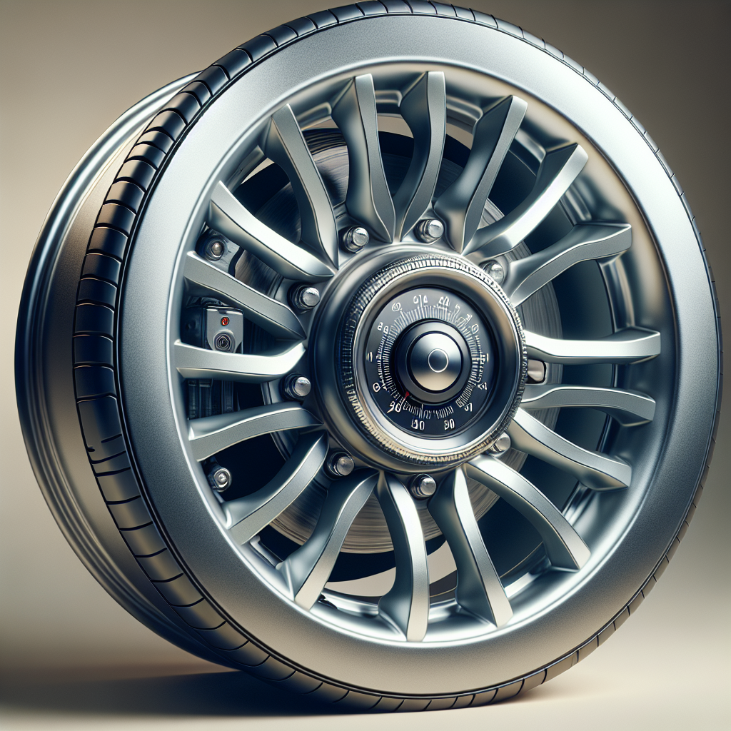 A modern tire pressure sensor on a vehicle's alloy wheel.