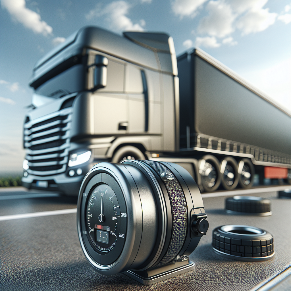 A modern tire sensor for trailer monitoring systems with a trailer and highway in the background.
