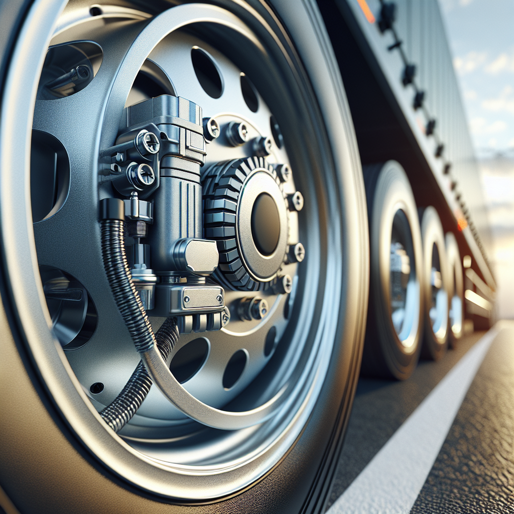 A close-up of a tire pressure sensor on a trailer tire.