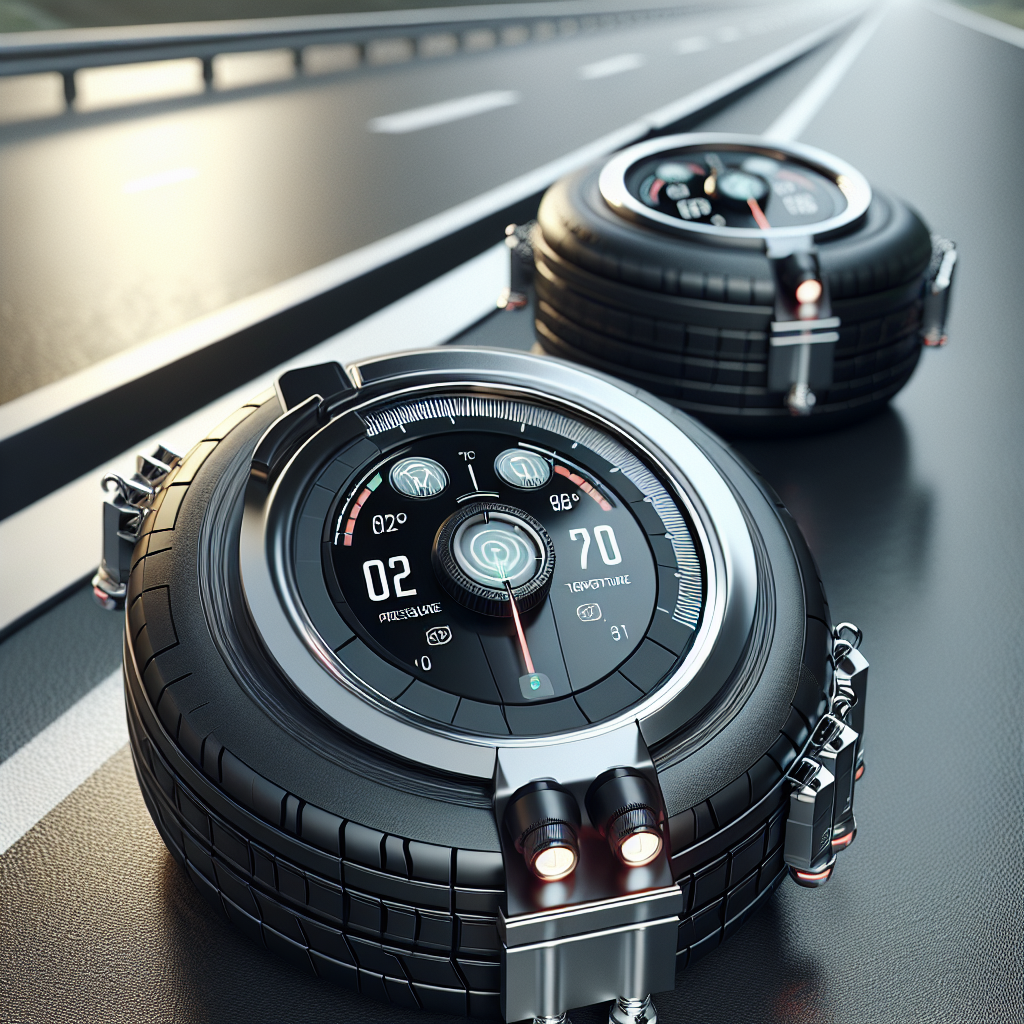 Close-up image of modern tire sensors mounted on a trailer tire.