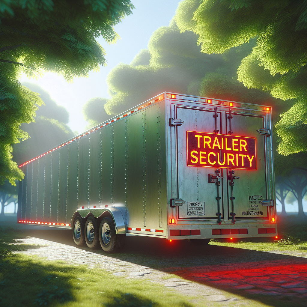 A secured silver trailer in a parking area surrounded by trees and a blue sky.