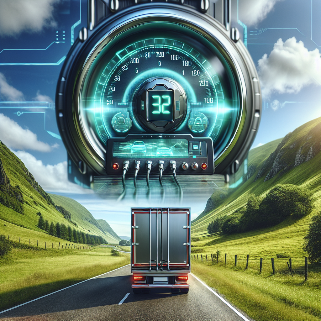 A close-up of a tire pressure monitoring system on a trailer dashboard with scenic landscape.