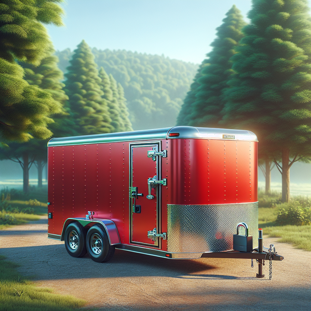 A secure red trailer parked amidst trees and a clear blue sky.