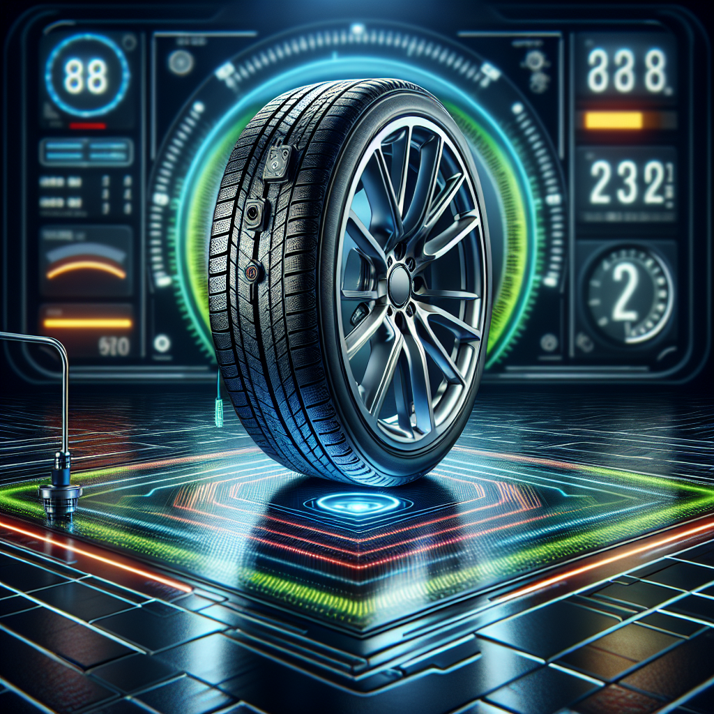 A close-up of a tire with a visible tire pressure monitoring sensor.