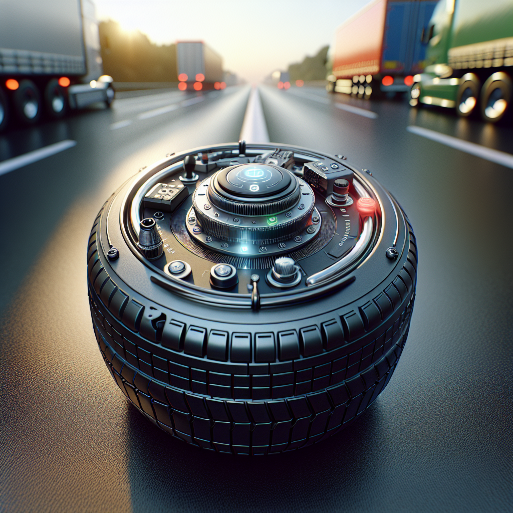 A close-up view of a modern tire sensor mounted on a tire in a blurred background of a busy road.