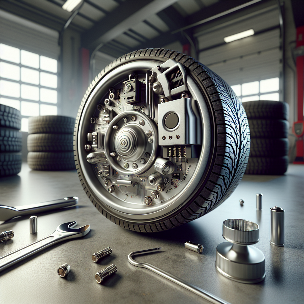 A TPMS sensor surrounded by tire tools in a garage setting.