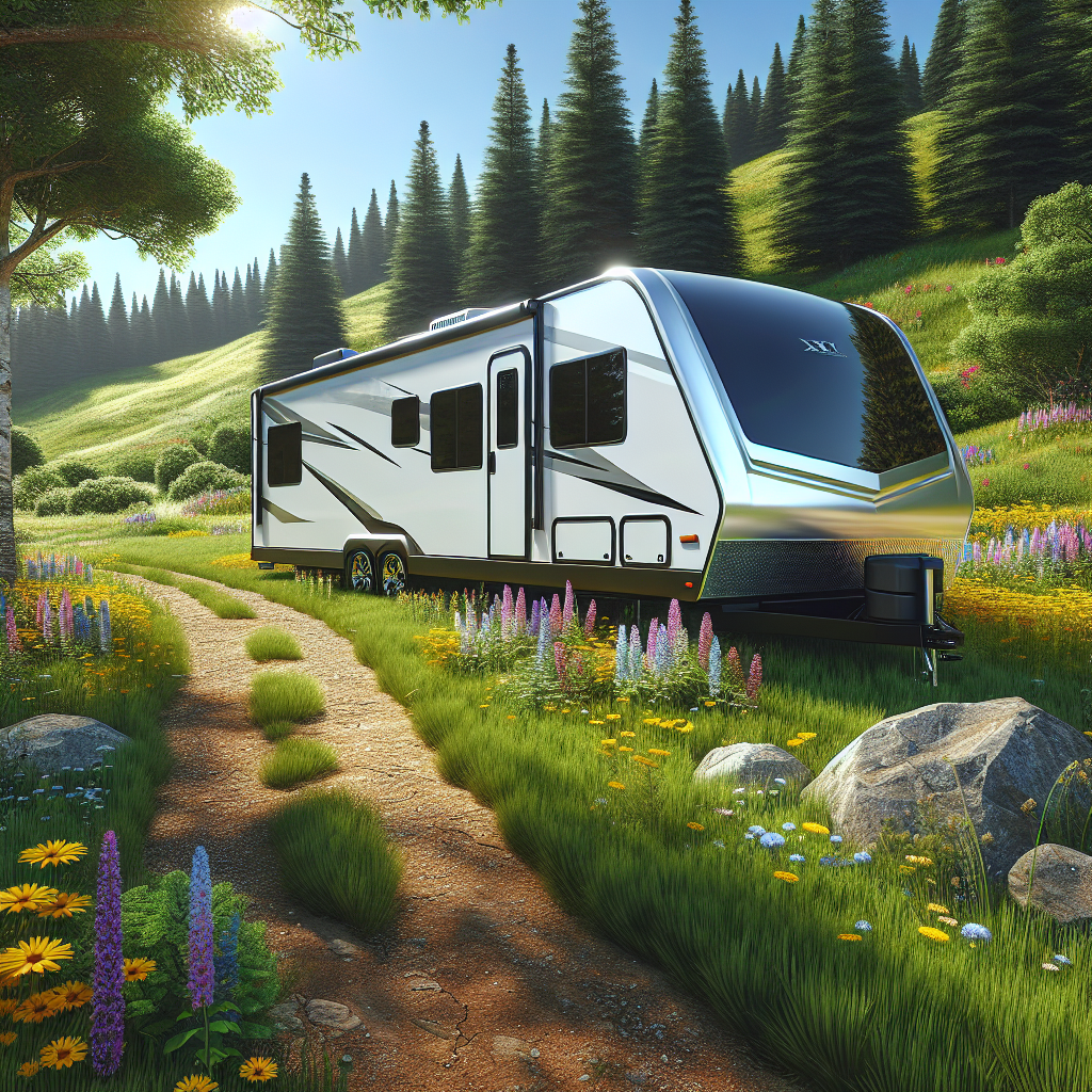 A travel trailer parked in a scenic outdoor landscape with green grass and wildflowers.