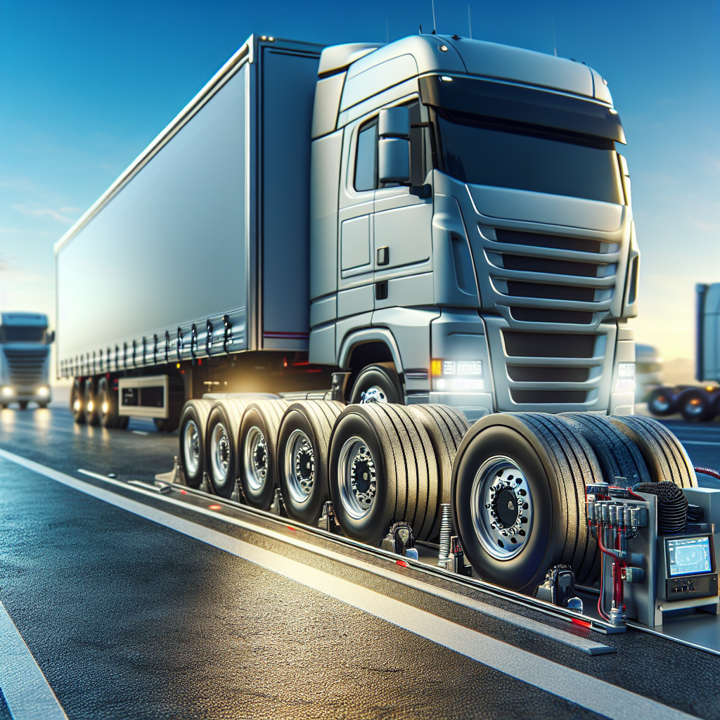 A commercial trailer on a highway with visible tires and an integrated Tire Pressure Monitoring System.