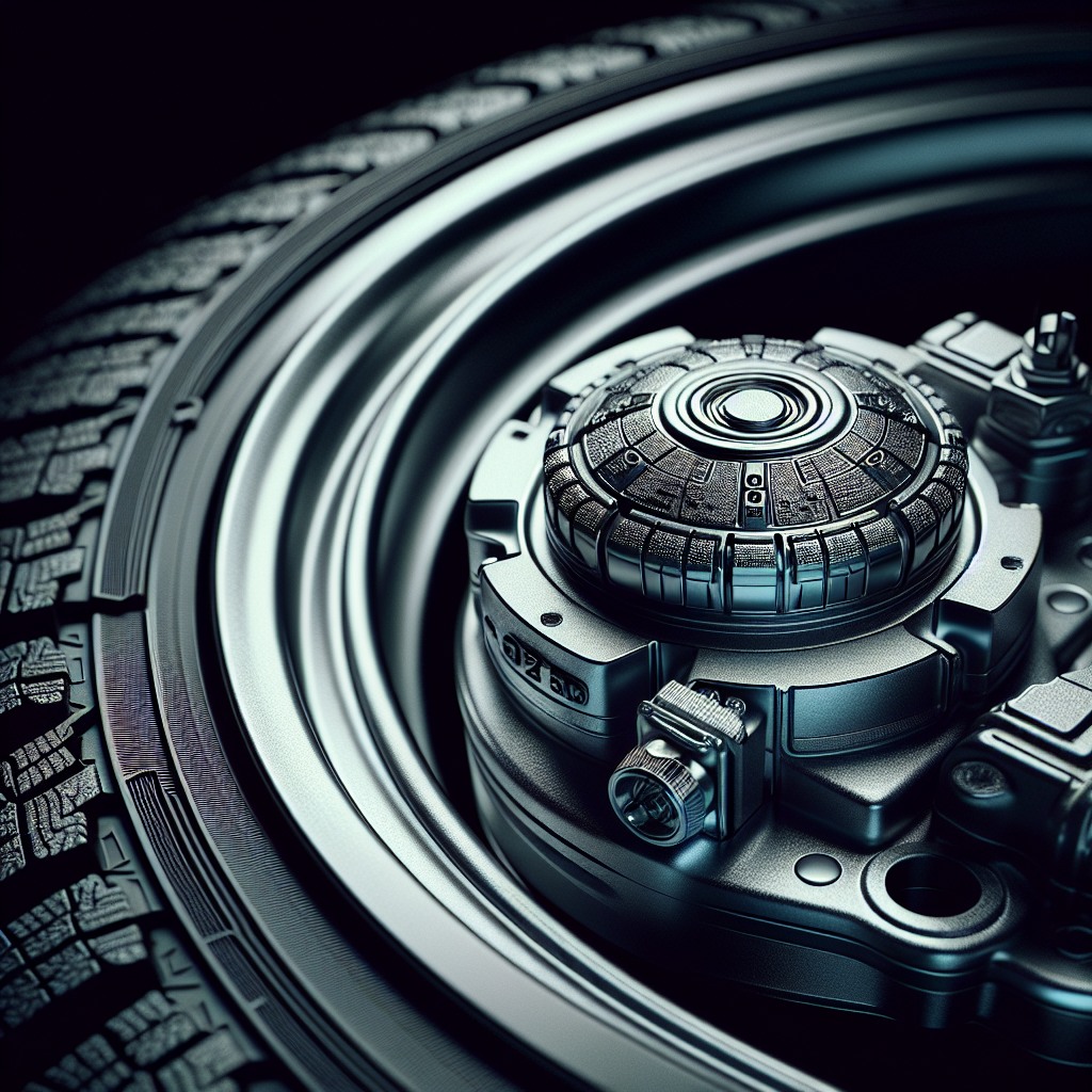 Close-up of a tire pressure monitoring system (TPMS) sensor on a car's wheel.