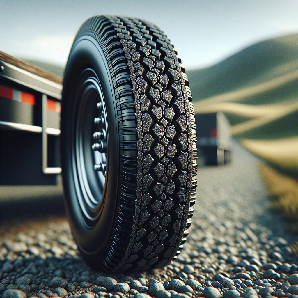 A close-up of a well-maintained trailer tire on a gravel road.