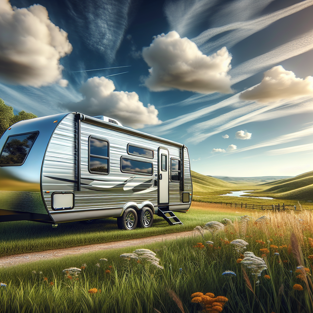 A travel trailer parked in a picturesque landscape.