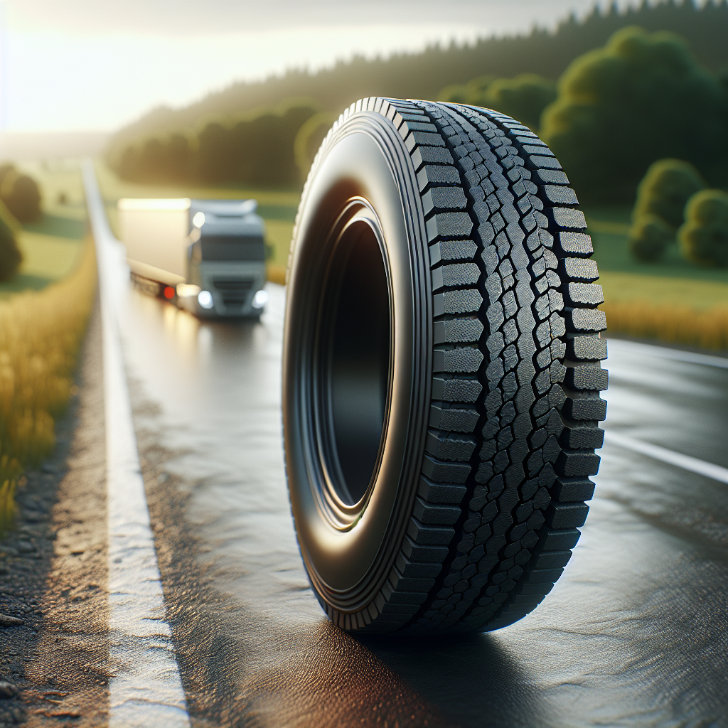 A close-up of a rugged trailer tire on a natural road surface with a blurred background of grass and trees.